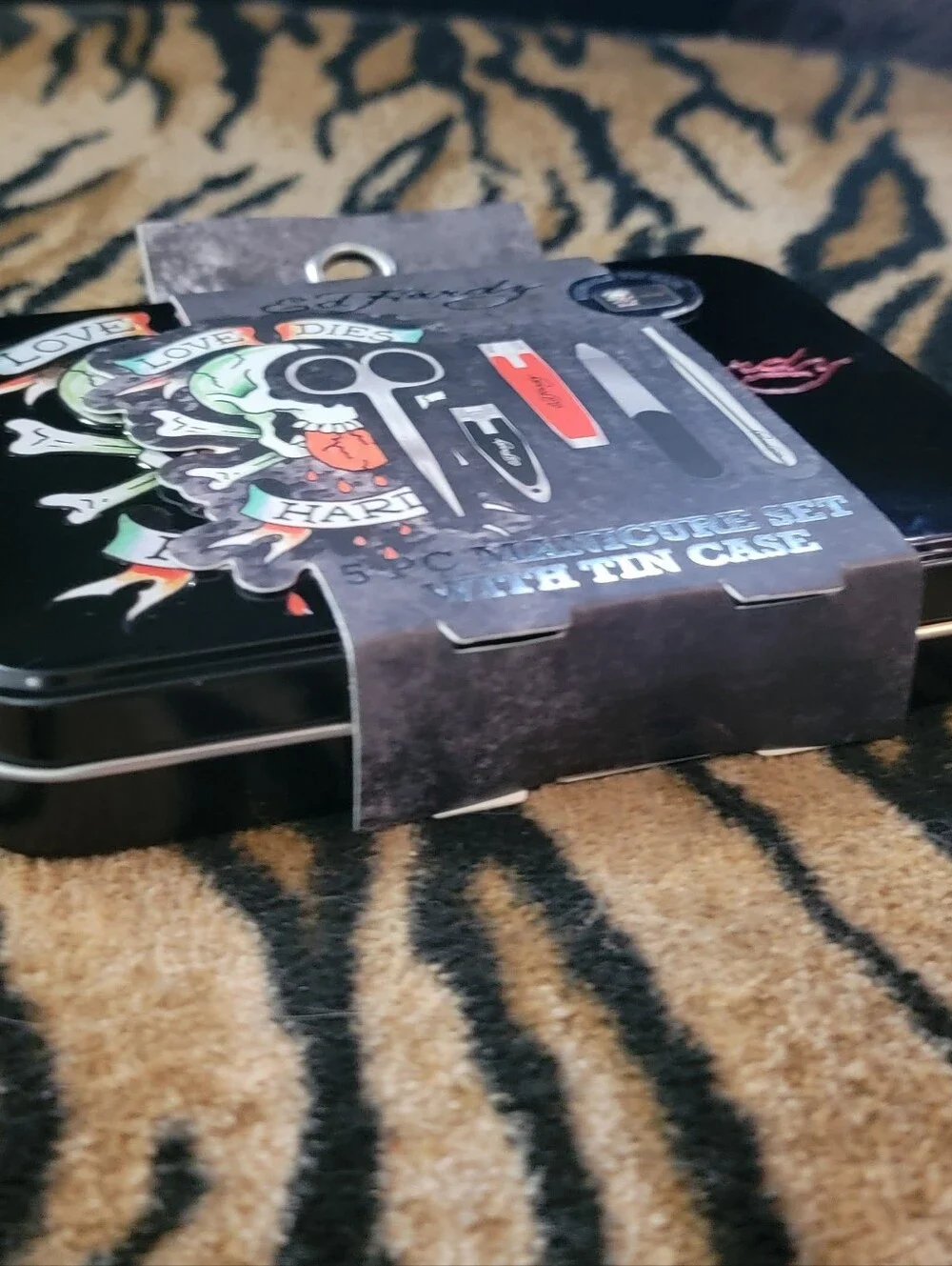 Ed Hardy Black Tin Manicure Set with Multi-Color Skull Artwork